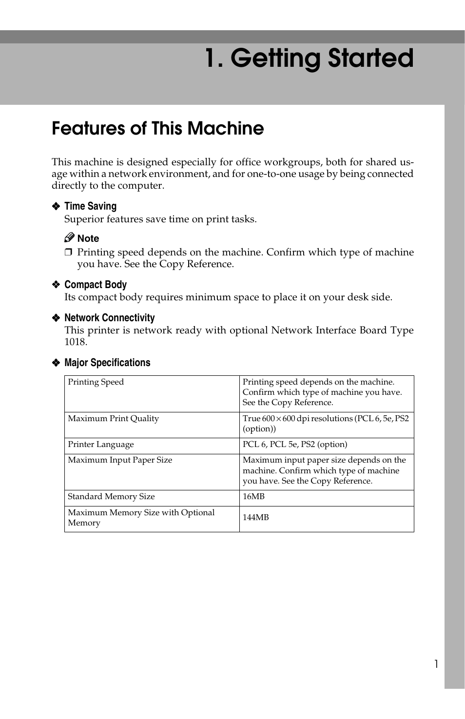 Getting started, Features of this machine | Savin 1013 User Manual | Page 9 / 90
