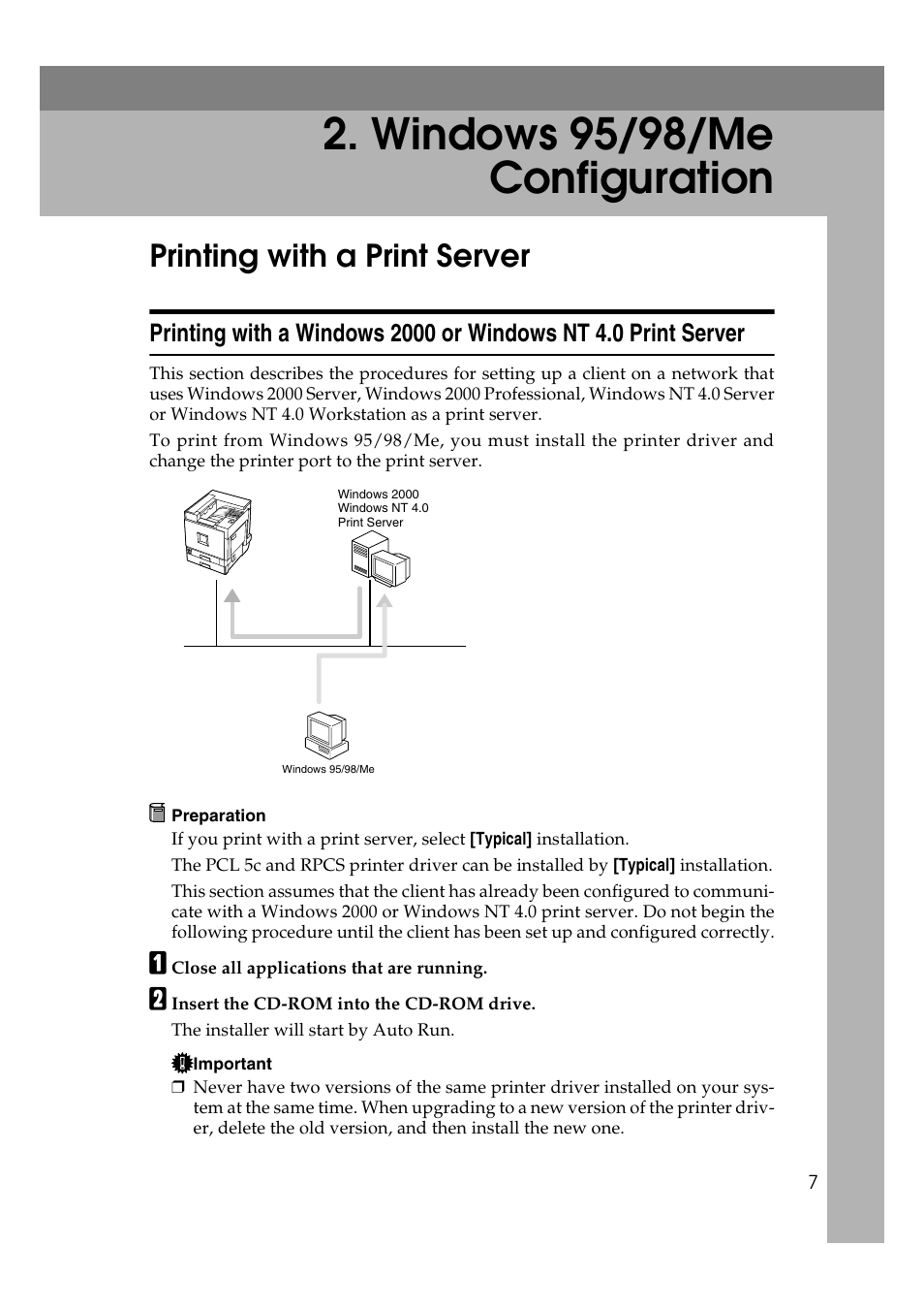  windows 95/98/me configuration, Printing with a print server, Windows 95/98/me configuration | Savin SLP 38c SLP38C User Manual | Page 13 / 54