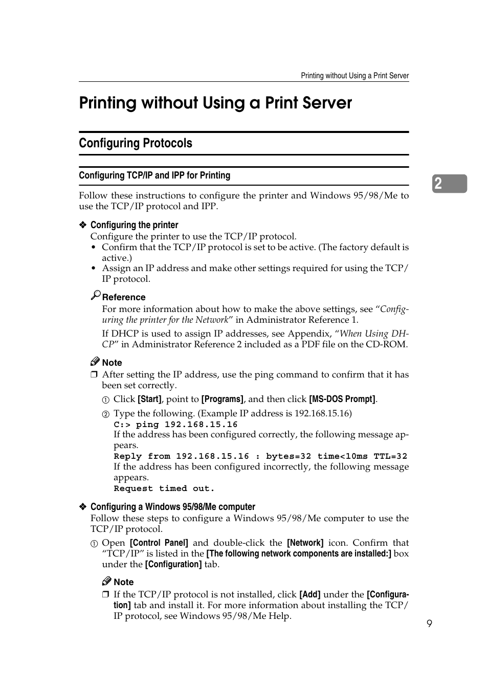 Printing without using a print server, Configuring protocols, Configuring tcp/ip and ipp for printing | 2printing without using a print server | Savin SLP 38c SLP38C User Manual | Page 15 / 54