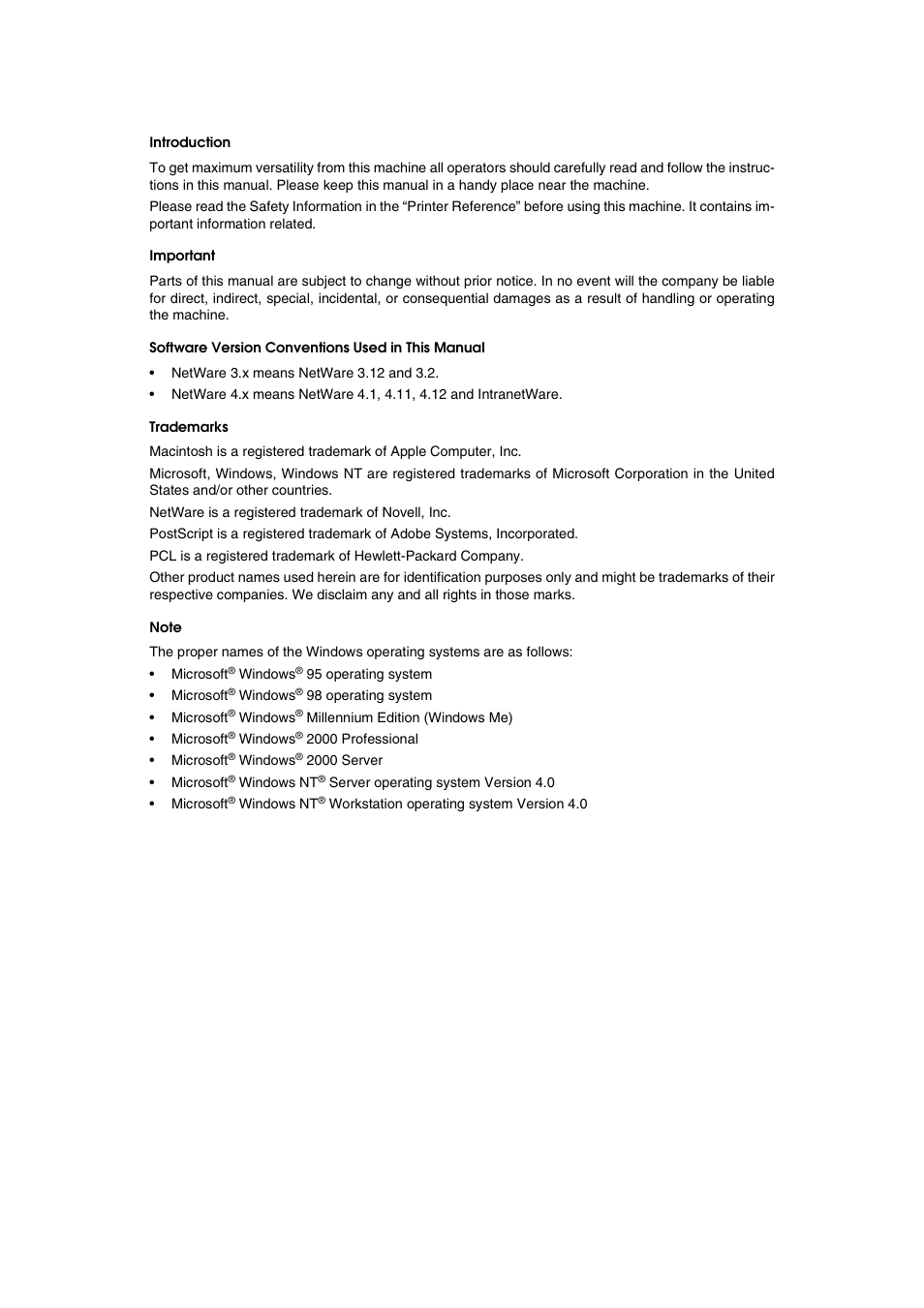 Introduction, Important, Software version conventions used in this manual | Trademarks, Note | Savin SLP 38c SLP38C User Manual | Page 2 / 54
