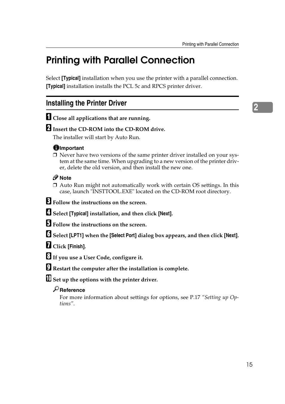 Printing with parallel connection, Installing the printer driver, 2printing with parallel connection | Savin SLP 38c SLP38C User Manual | Page 21 / 54