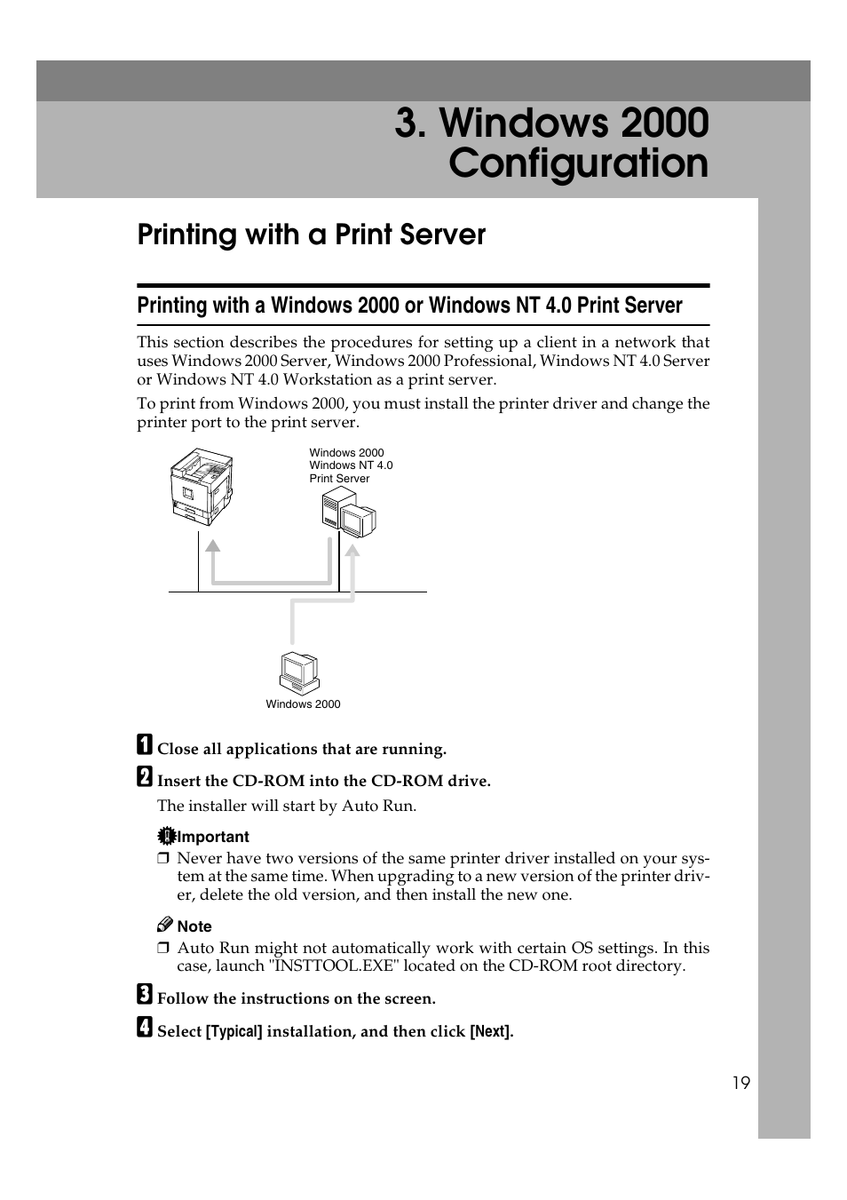  windows 2000 configuration, Printing with a print server, Windows 2000 configuration | Savin SLP 38c SLP38C User Manual | Page 25 / 54
