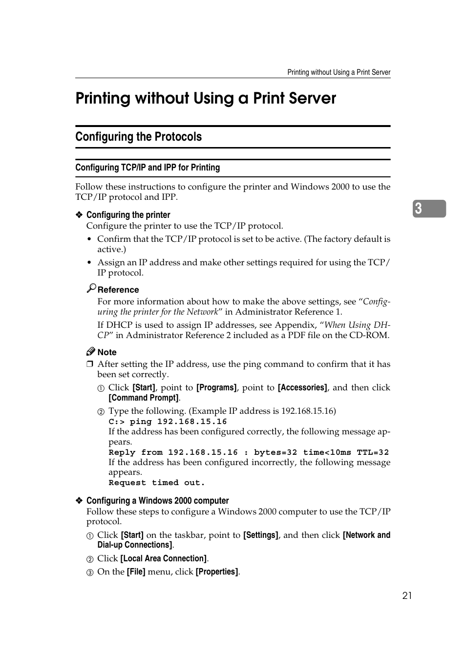 Printing without using a print server, Configuring the protocols, Configuring tcp/ip and ipp for printing | 3printing without using a print server | Savin SLP 38c SLP38C User Manual | Page 27 / 54