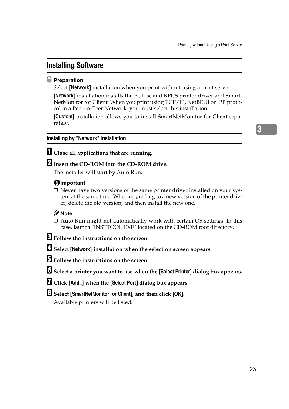 Installing software, Installing by "network" installation | Savin SLP 38c SLP38C User Manual | Page 29 / 54