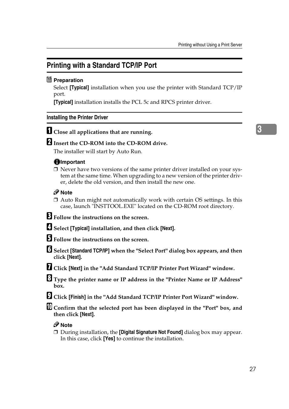 Printing with a standard tcp/ip port, Installing the printer driver | Savin SLP 38c SLP38C User Manual | Page 33 / 54