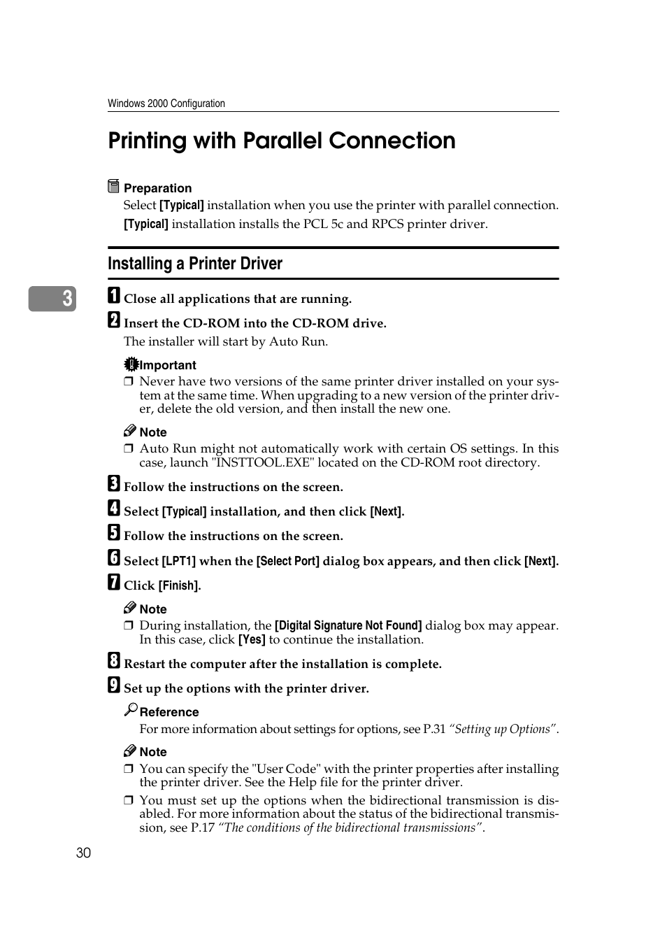 Printing with parallel connection, Installing a printer driver, 3printing with parallel connection | Savin SLP 38c SLP38C User Manual | Page 36 / 54