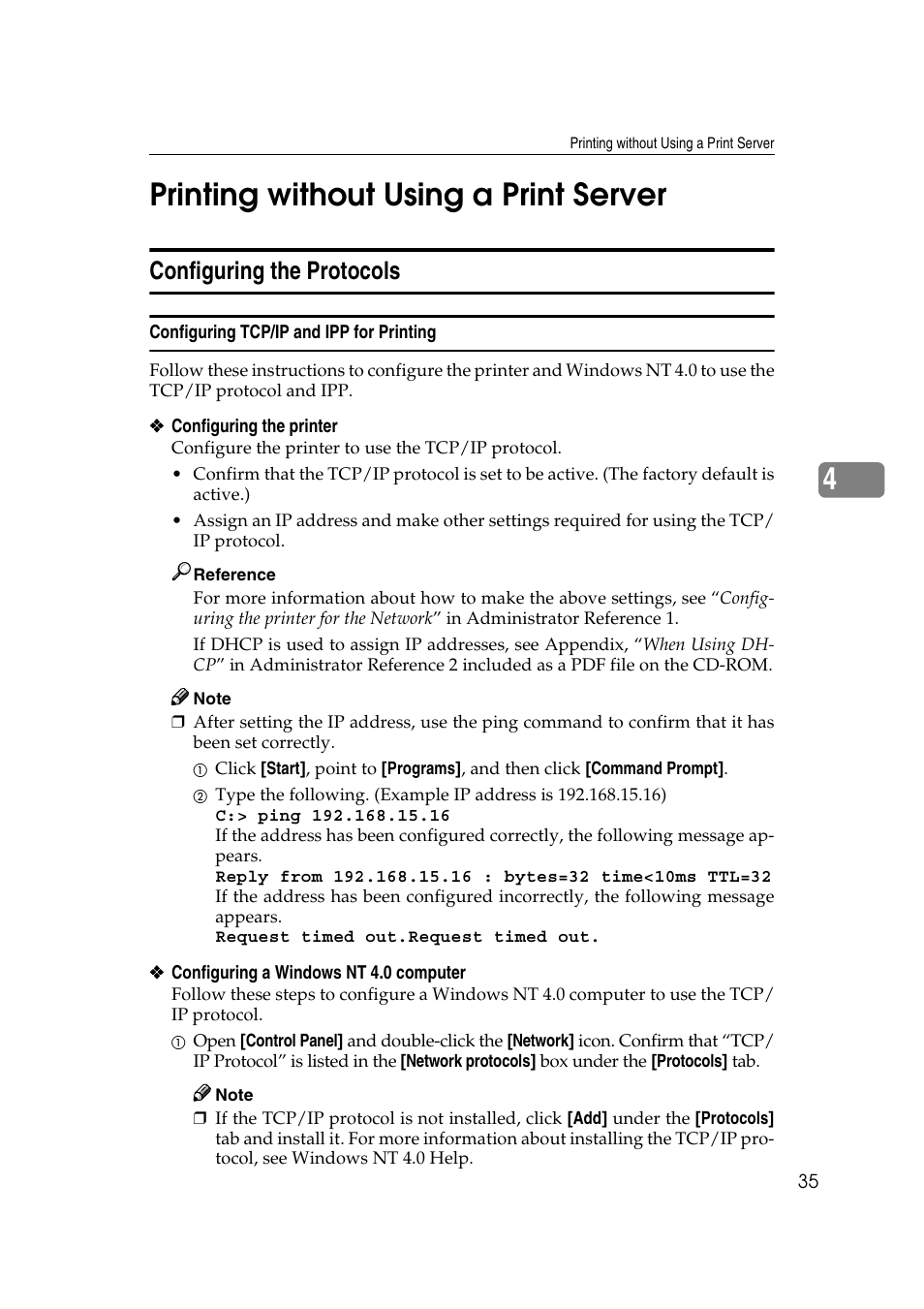 Printing without using a print server, Configuring the protocols, Configuring tcp/ip and ipp for printing | 4printing without using a print server | Savin SLP 38c SLP38C User Manual | Page 41 / 54
