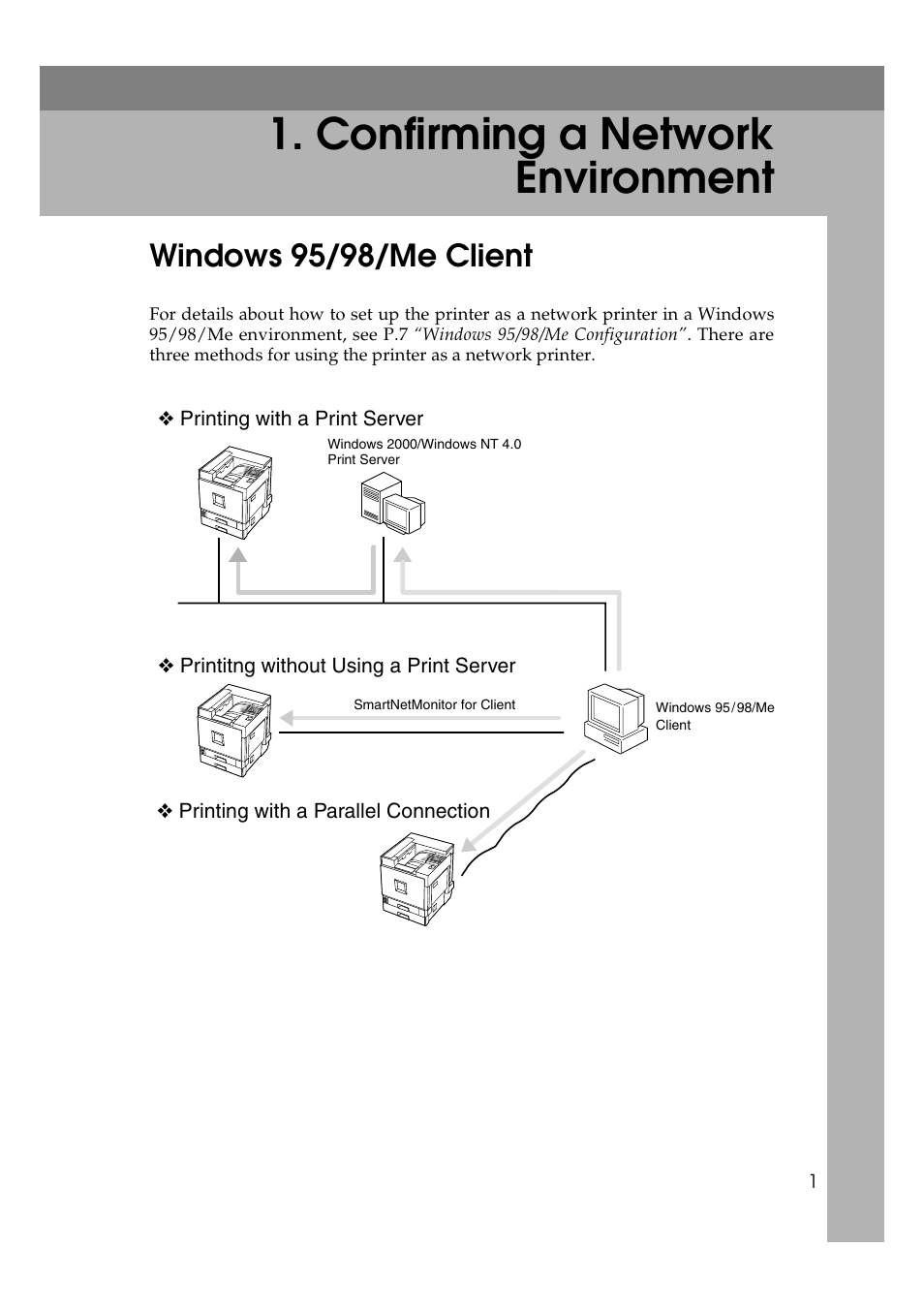  confirming a network environment, Windows 95/98/me client, Confirming a network environment | Savin SLP 38c SLP38C User Manual | Page 7 / 54