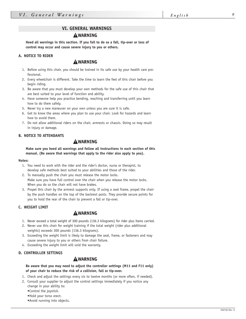 Vi. general warnings | Sunrise Medical Aspire F11 User Manual | Page 10 / 108