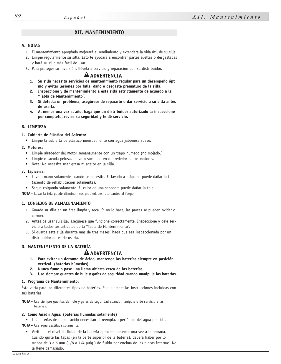 Xii. mantenimiento, Advertencia | Sunrise Medical Aspire F11 User Manual | Page 103 / 108