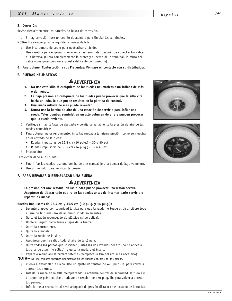 Advertencia, Nota | Sunrise Medical Aspire F11 User Manual | Page 104 / 108