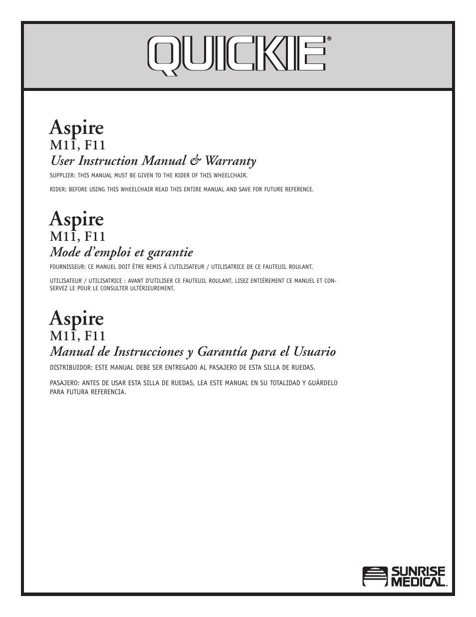 Aspire, M11, f11 user instruction manual & warranty, M11, f11 mode d’emploi et garantie | Sunrise Medical Aspire F11 User Manual | Page 2 / 108