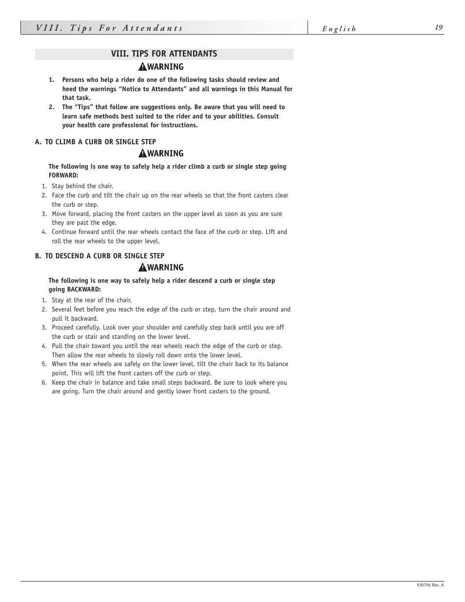 Viii. tips for attendants | Sunrise Medical Aspire F11 User Manual | Page 20 / 108