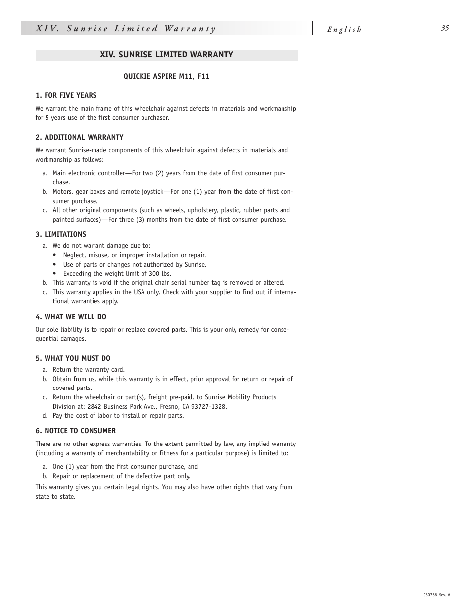 Xiv. sunrise limited warranty | Sunrise Medical Aspire F11 User Manual | Page 36 / 108