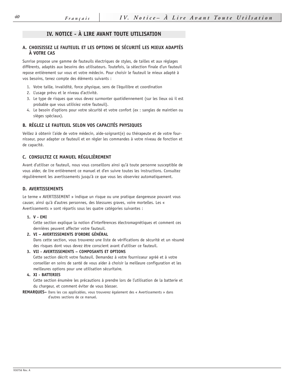 Iv. notice - à lire avant toute utilisation | Sunrise Medical Aspire F11 User Manual | Page 41 / 108