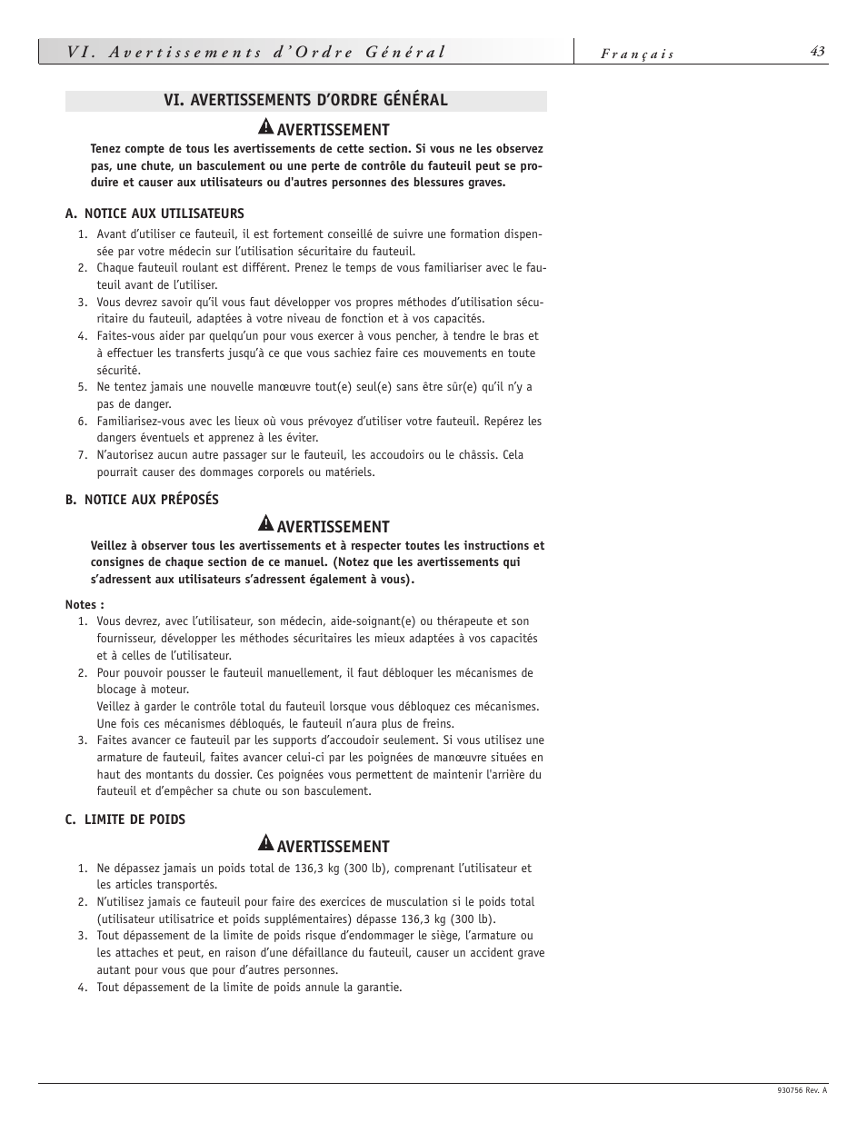 Vi. avertissements d’ordre général avertissement, Avertissement | Sunrise Medical Aspire F11 User Manual | Page 44 / 108