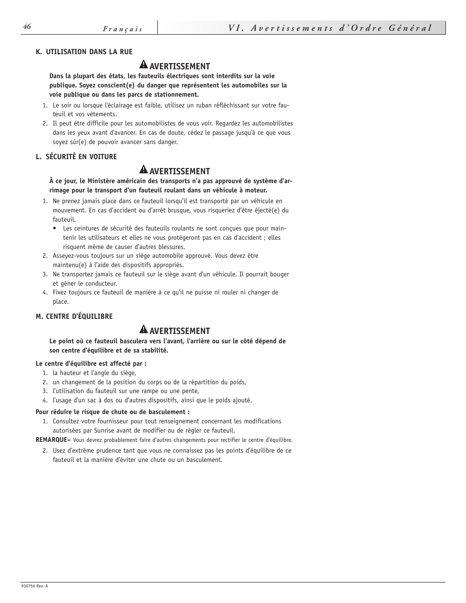 Avertissement | Sunrise Medical Aspire F11 User Manual | Page 47 / 108