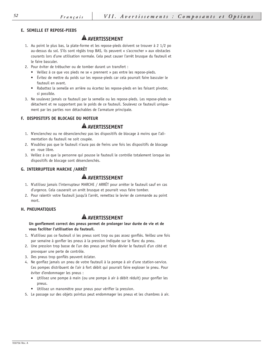 Avertissement | Sunrise Medical Aspire F11 User Manual | Page 53 / 108