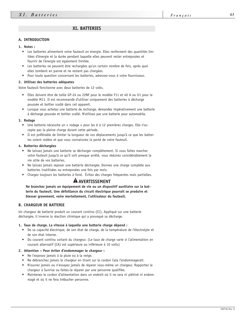 Xi. batteries, Avertissement | Sunrise Medical Aspire F11 User Manual | Page 64 / 108