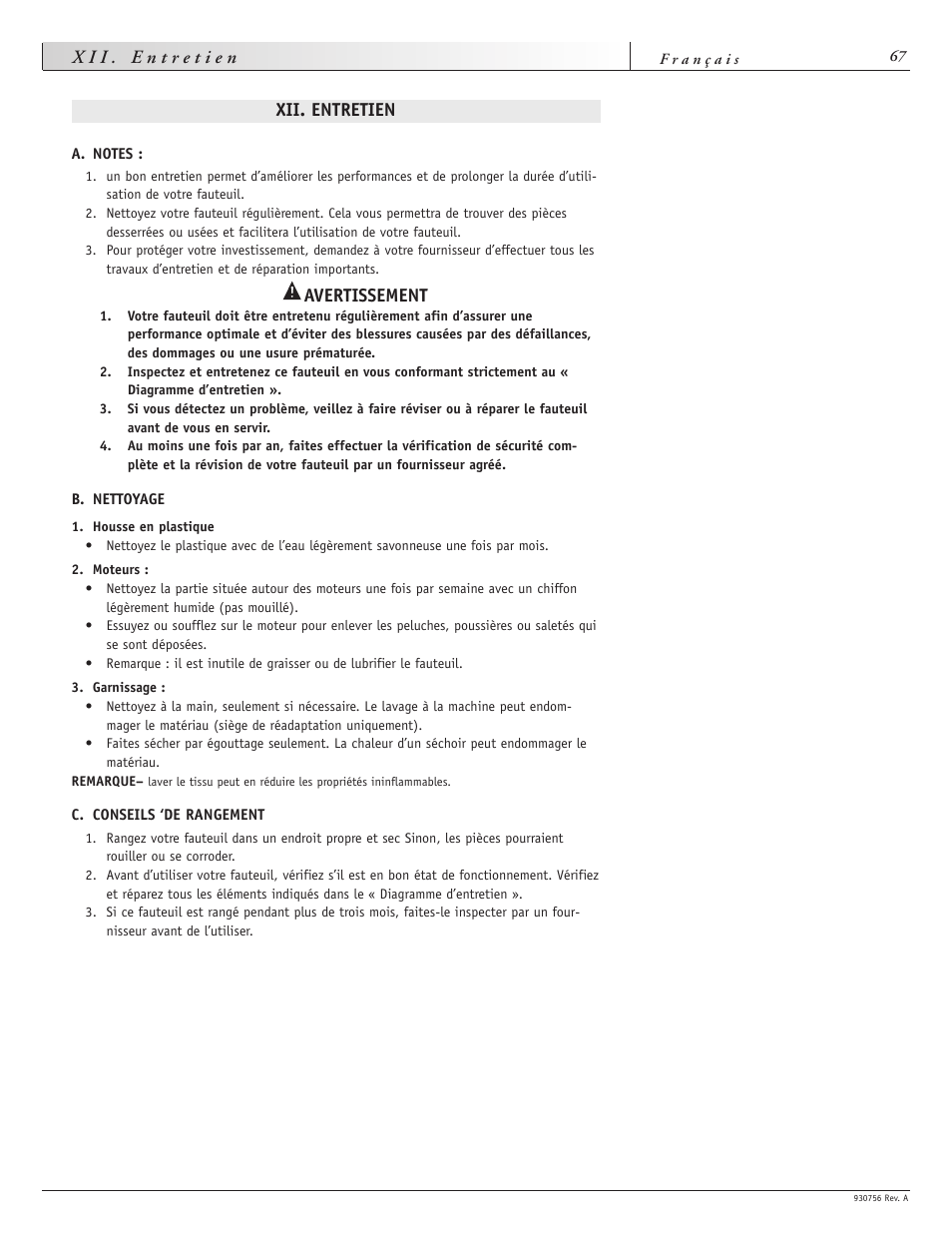 Xii. entretien, Avertissement | Sunrise Medical Aspire F11 User Manual | Page 68 / 108