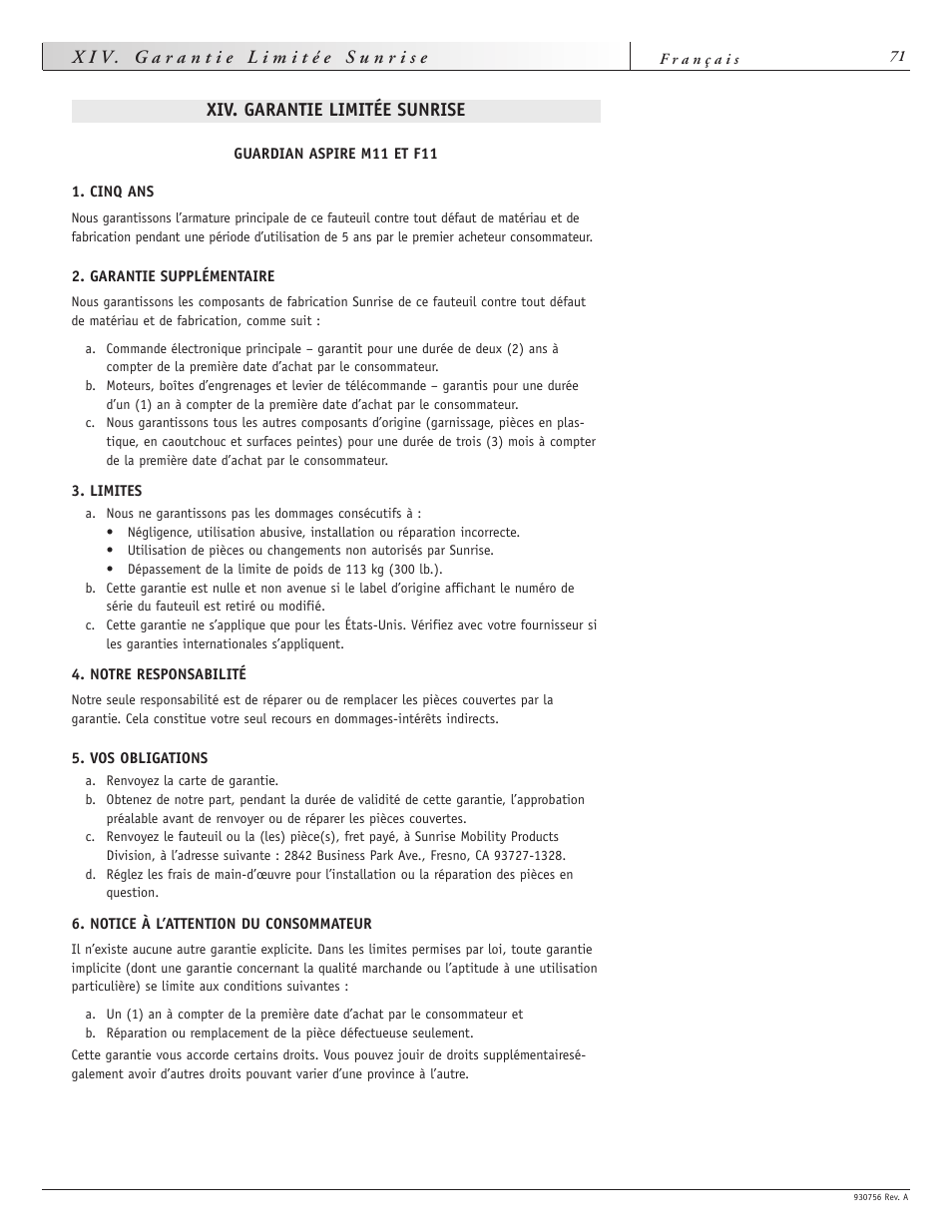 Xiv. garantie limitée sunrise | Sunrise Medical Aspire F11 User Manual | Page 72 / 108