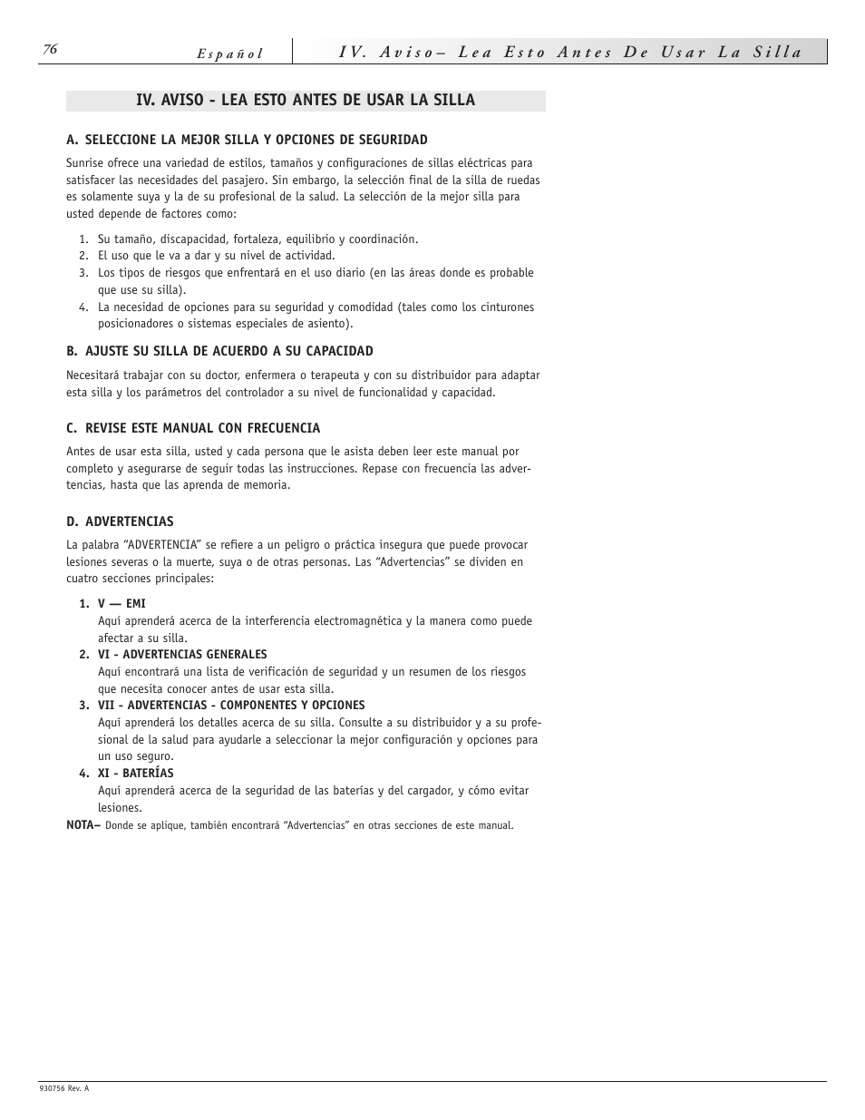 Iv. aviso - lea esto antes de usar la silla | Sunrise Medical Aspire F11 User Manual | Page 77 / 108