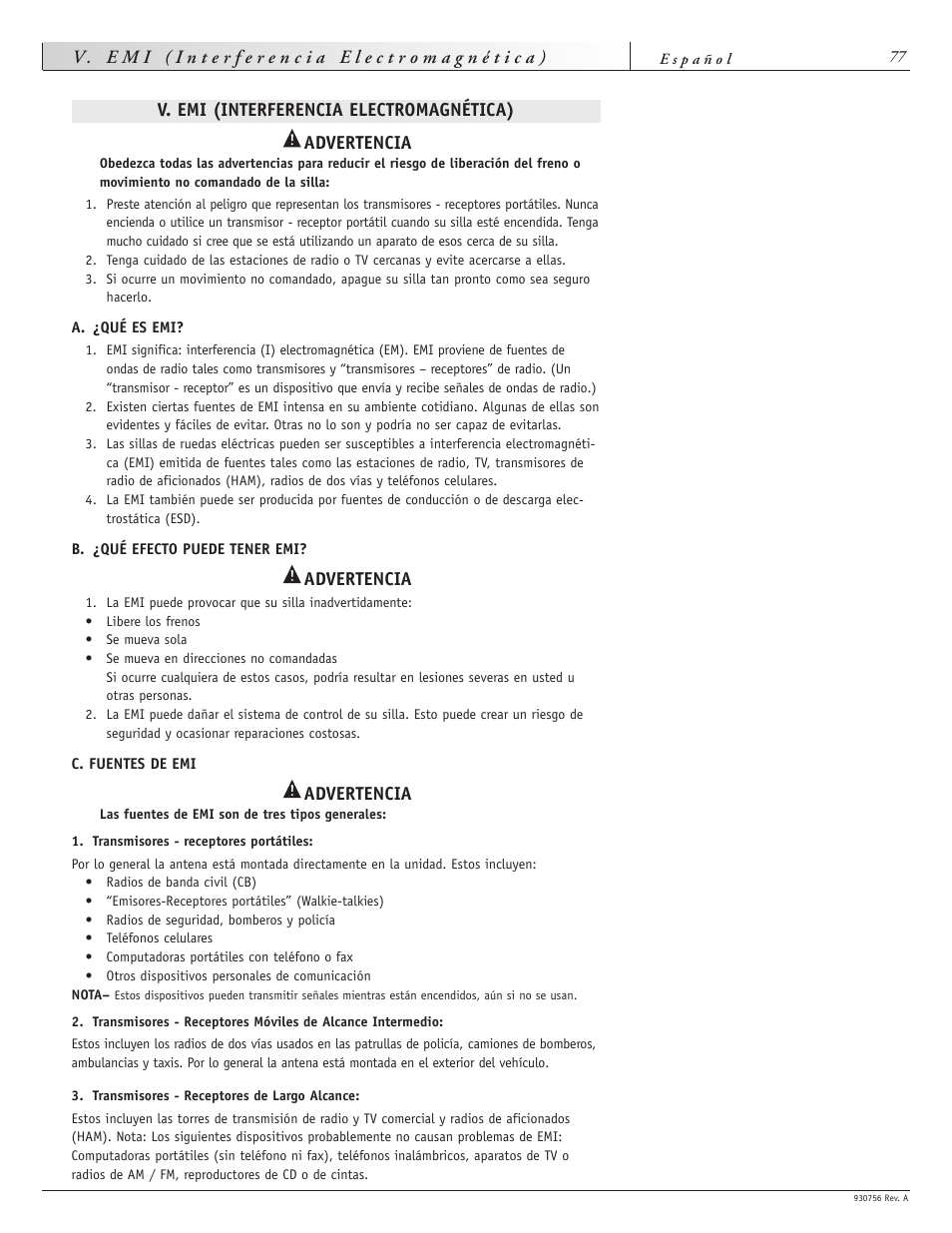 Advertencia | Sunrise Medical Aspire F11 User Manual | Page 78 / 108