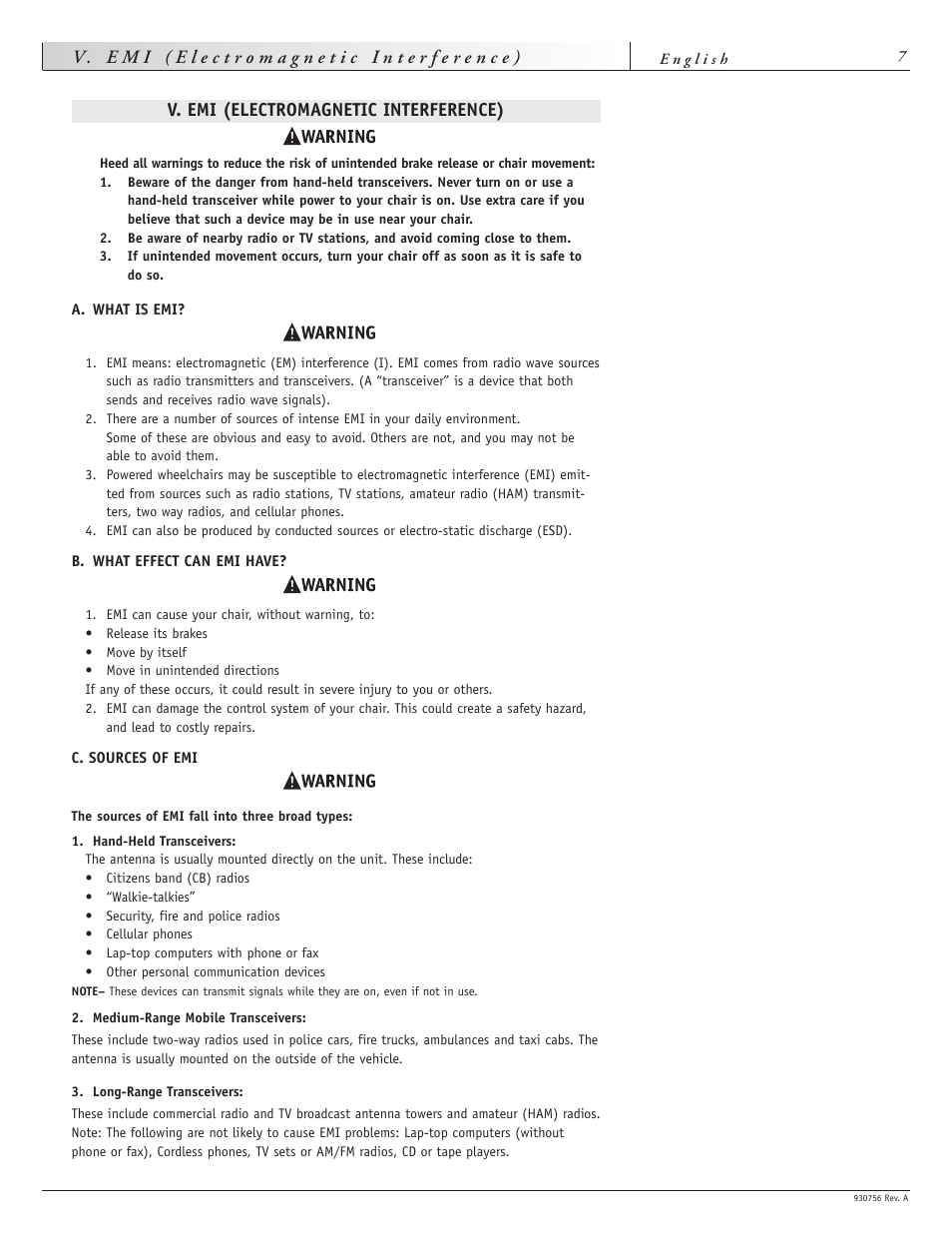 V. emi (electromagnetic interference) | Sunrise Medical Aspire F11 User Manual | Page 8 / 108