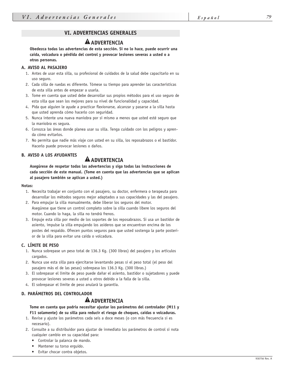 Vi. advertencias generales advertencia, Advertencia | Sunrise Medical Aspire F11 User Manual | Page 80 / 108