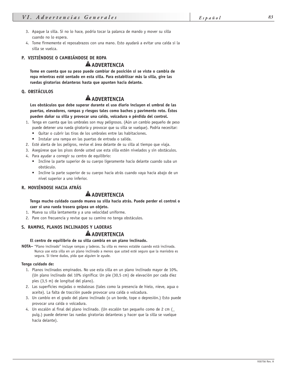 Advertencia | Sunrise Medical Aspire F11 User Manual | Page 84 / 108