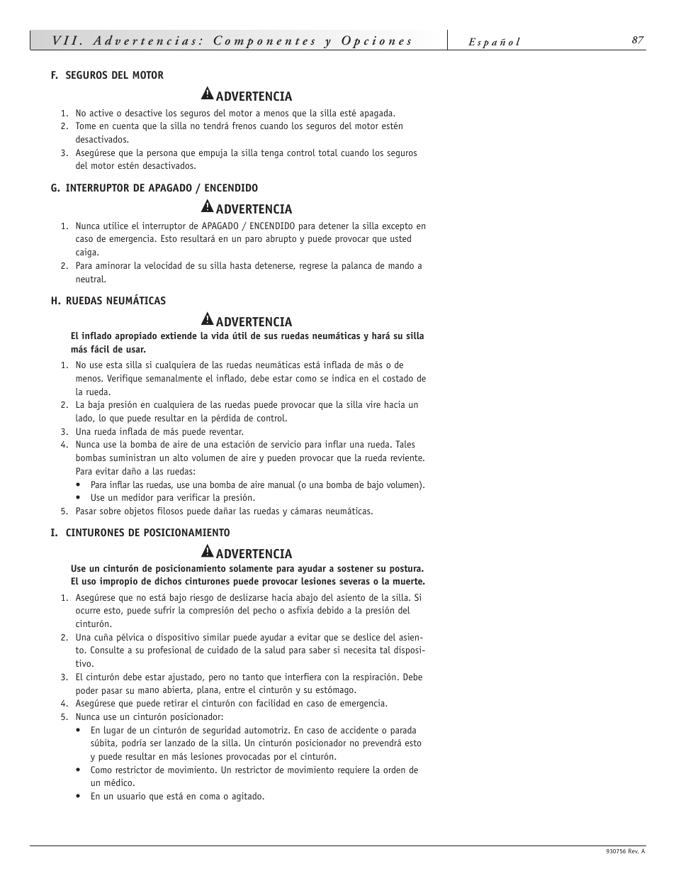 Advertencia | Sunrise Medical Aspire F11 User Manual | Page 88 / 108