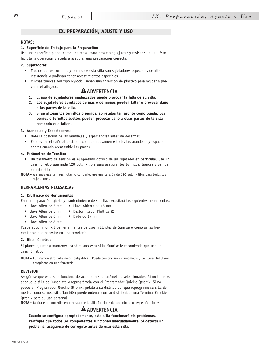 Ix. preparación, ajuste y uso, Advertencia | Sunrise Medical Aspire F11 User Manual | Page 91 / 108