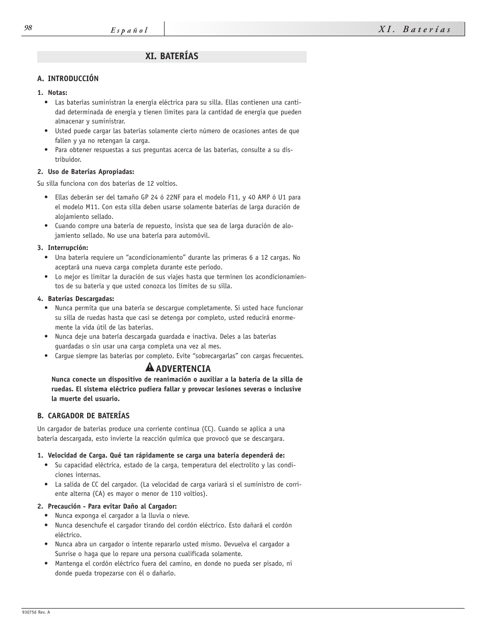 Xi. baterías, Advertencia | Sunrise Medical Aspire F11 User Manual | Page 99 / 108