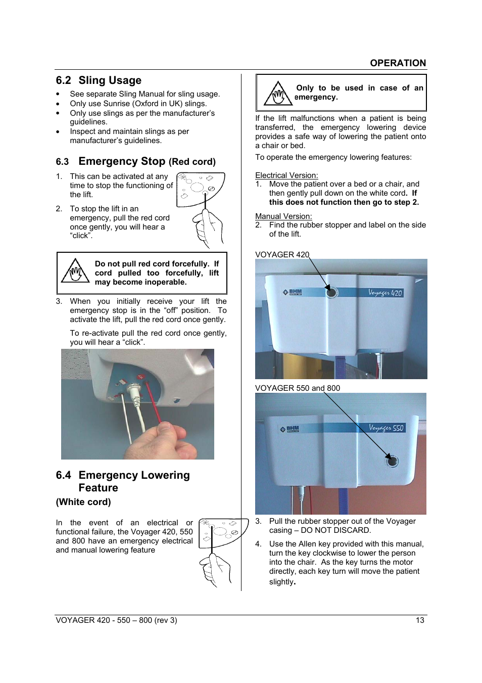 2 sling usage, Emergency stop, 4 emergency lowering feature | Sunrise Medical Series 550 User Manual | Page 13 / 26