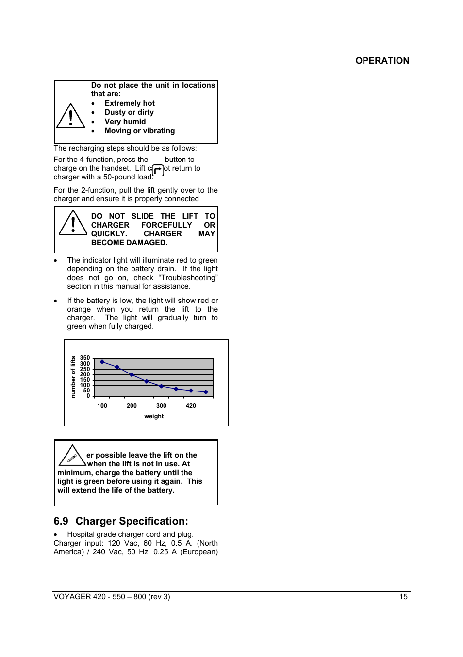 9 charger specification, Operation | Sunrise Medical Series 550 User Manual | Page 15 / 26