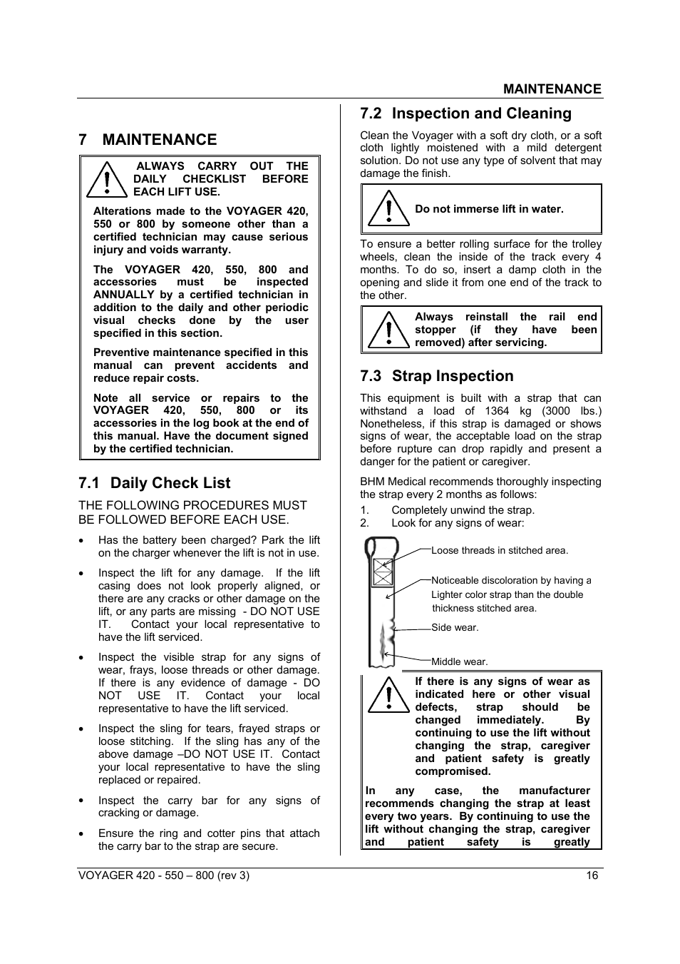 7 maintenance, 1 daily check list, 2 inspection and cleaning | 3 strap inspection | Sunrise Medical Series 550 User Manual | Page 16 / 26