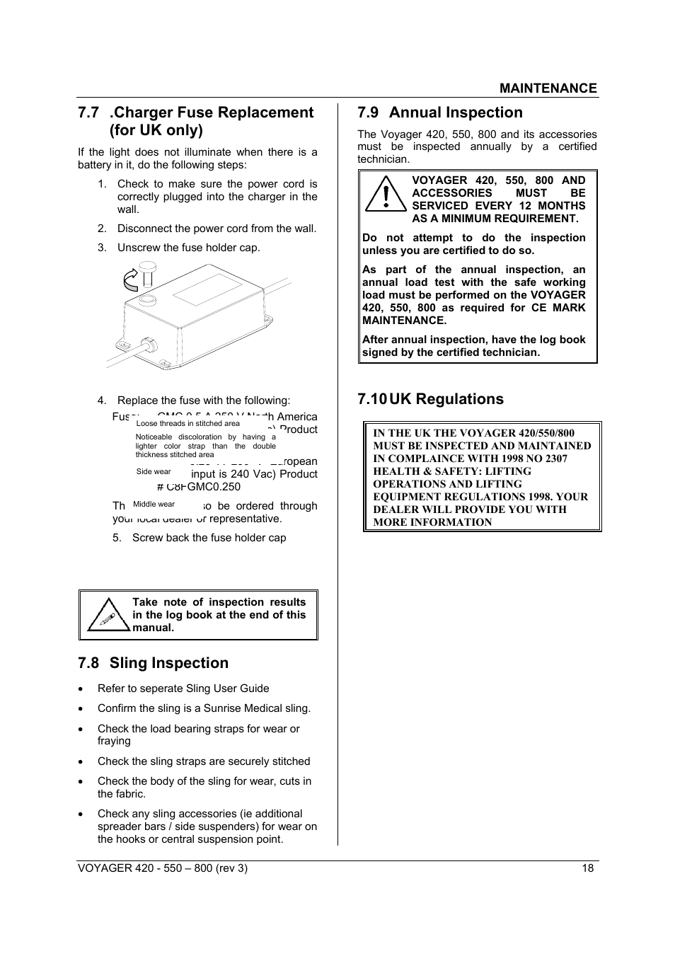 7 .charger fuse replacement (for uk only), 8 sling inspection, 9 annual inspection | 10 uk regulations | Sunrise Medical Series 550 User Manual | Page 18 / 26