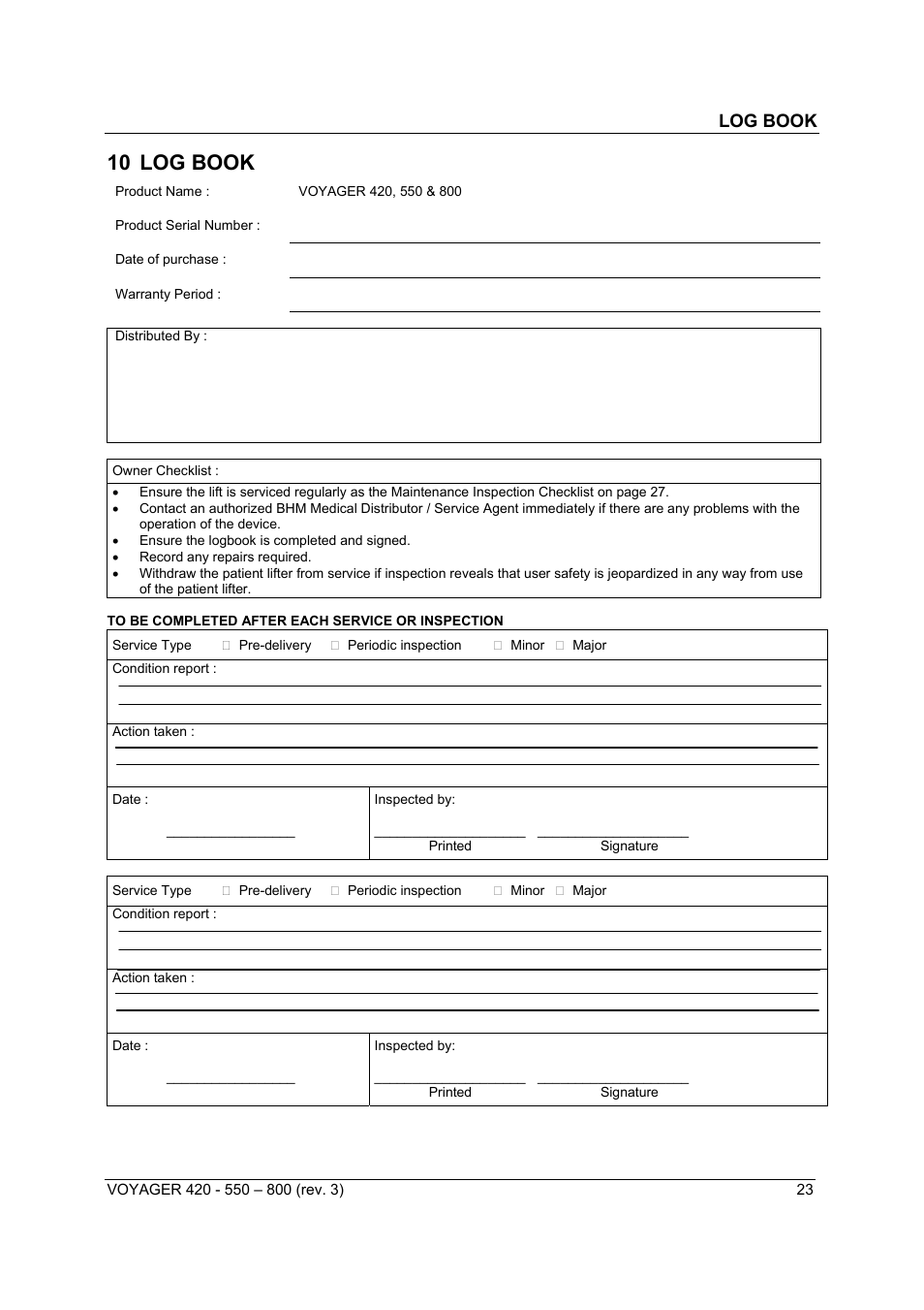 10 log book, Log book | Sunrise Medical Series 550 User Manual | Page 23 / 26