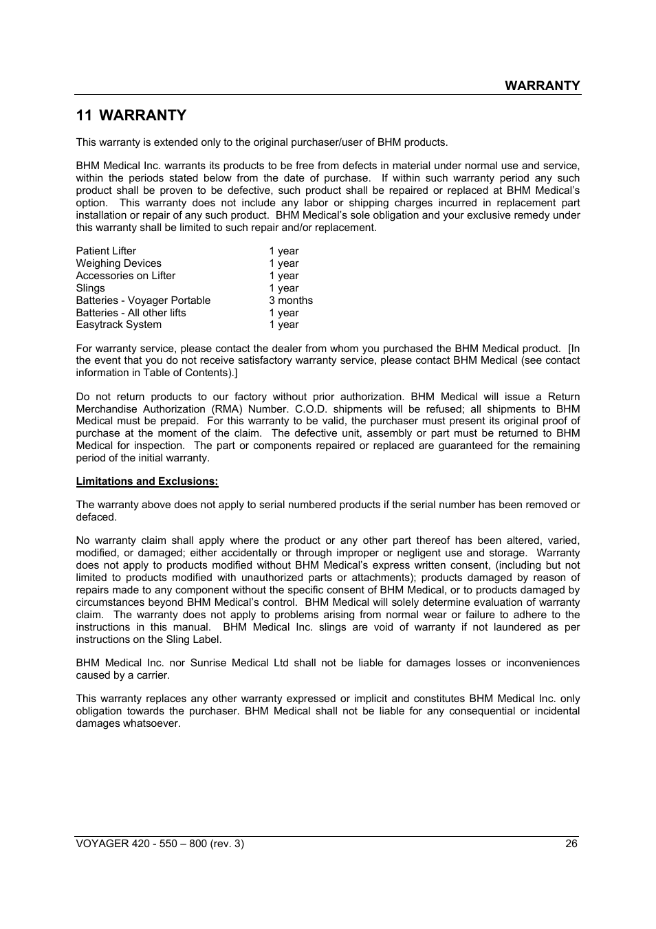 11 warranty | Sunrise Medical Series 550 User Manual | Page 26 / 26