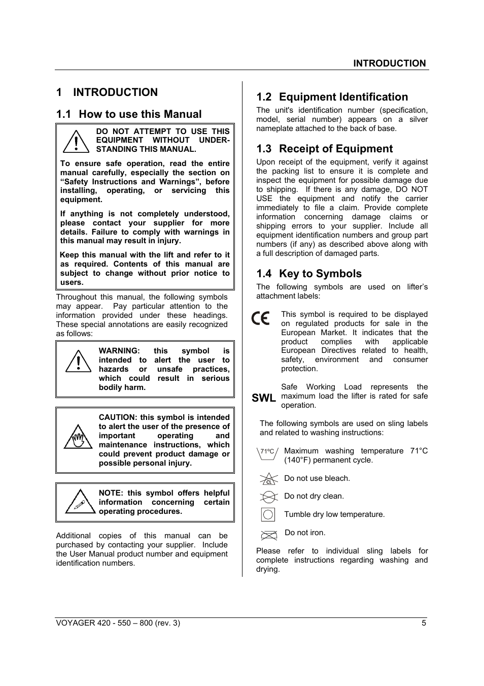 1 introduction 1.1 how to use this manual, 2 equipment identification, 3 receipt of equipment | 4 key to symbols | Sunrise Medical Series 550 User Manual | Page 5 / 26