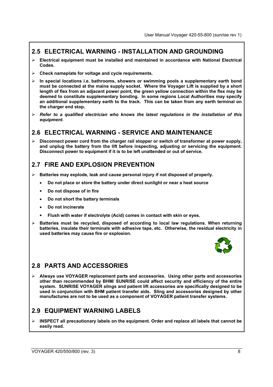 5 electrical warning - installation and grounding, 6 electrical warning - service and maintenance, 7 fire and explosion prevention | 8 parts and accessories, 9 equipment warning labels | Sunrise Medical Series 550 User Manual | Page 8 / 26