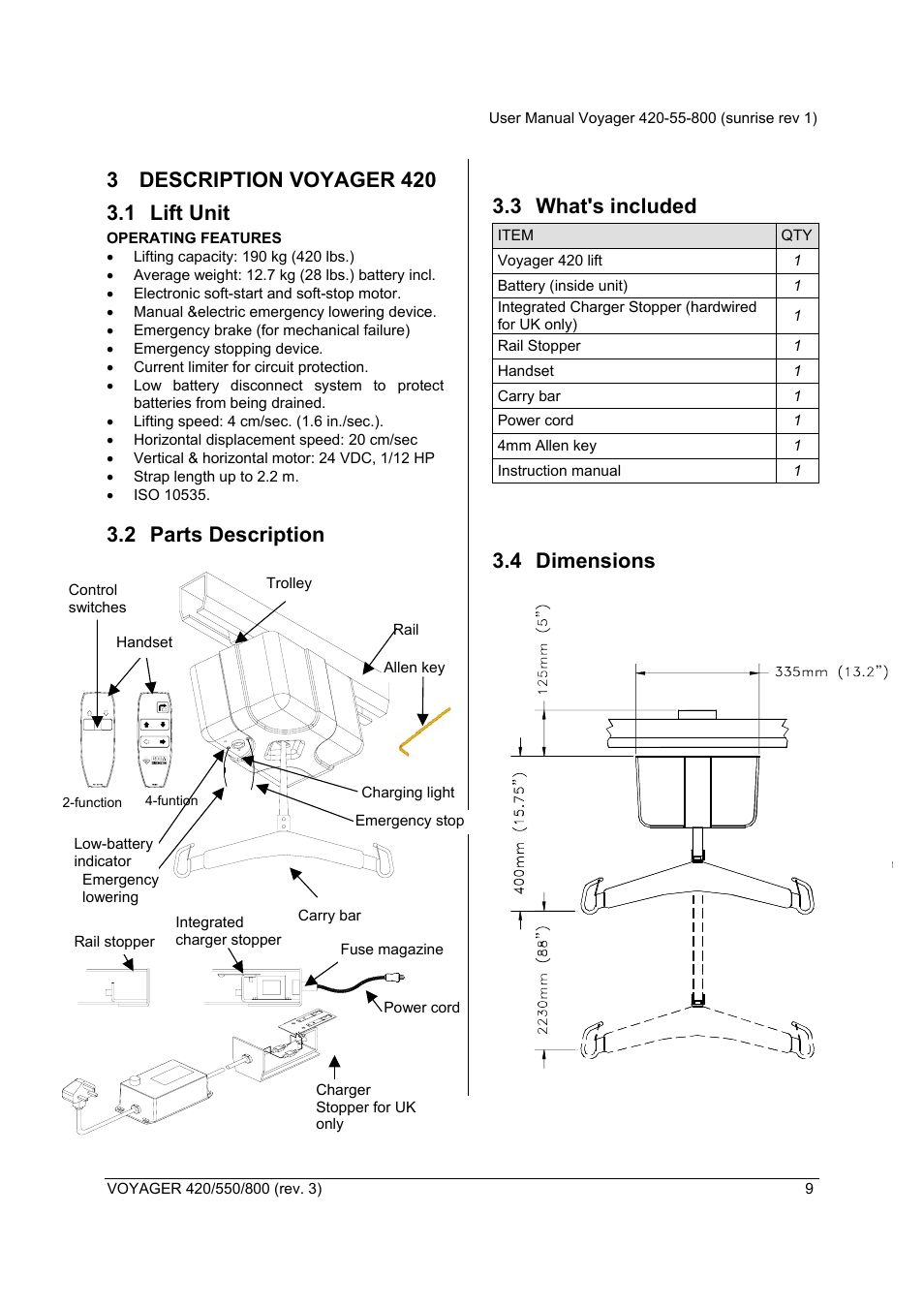 2 parts description, 3 what's included, 4 dimensions | Sunrise Medical Series 550 User Manual | Page 9 / 26