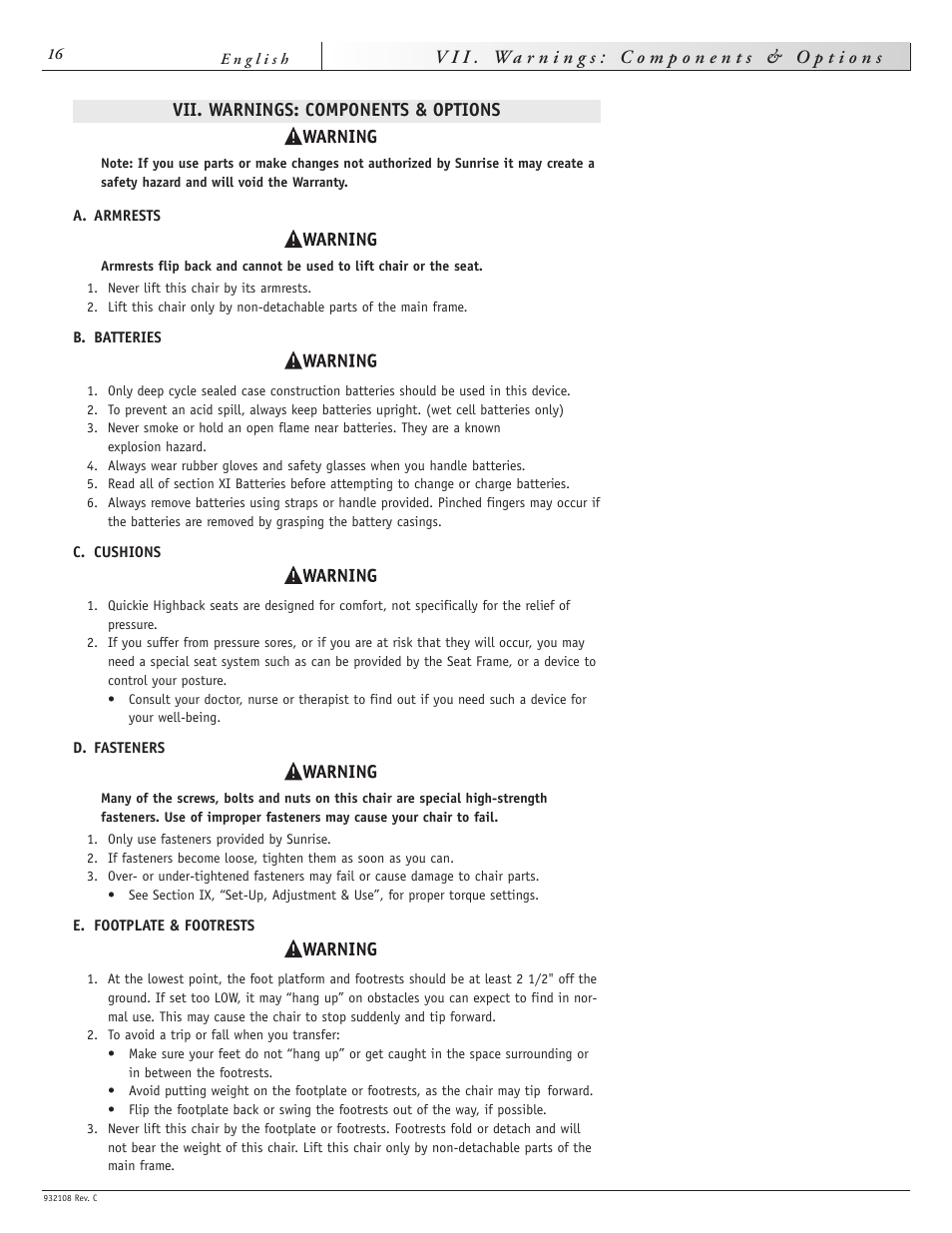 Vii. warnings: components & options | Sunrise Medical QUICKIE S-11 User Manual | Page 16 / 34
