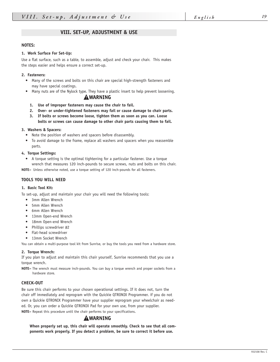 Viii. set-up, adjustment & use | Sunrise Medical QUICKIE S-11 User Manual | Page 19 / 34