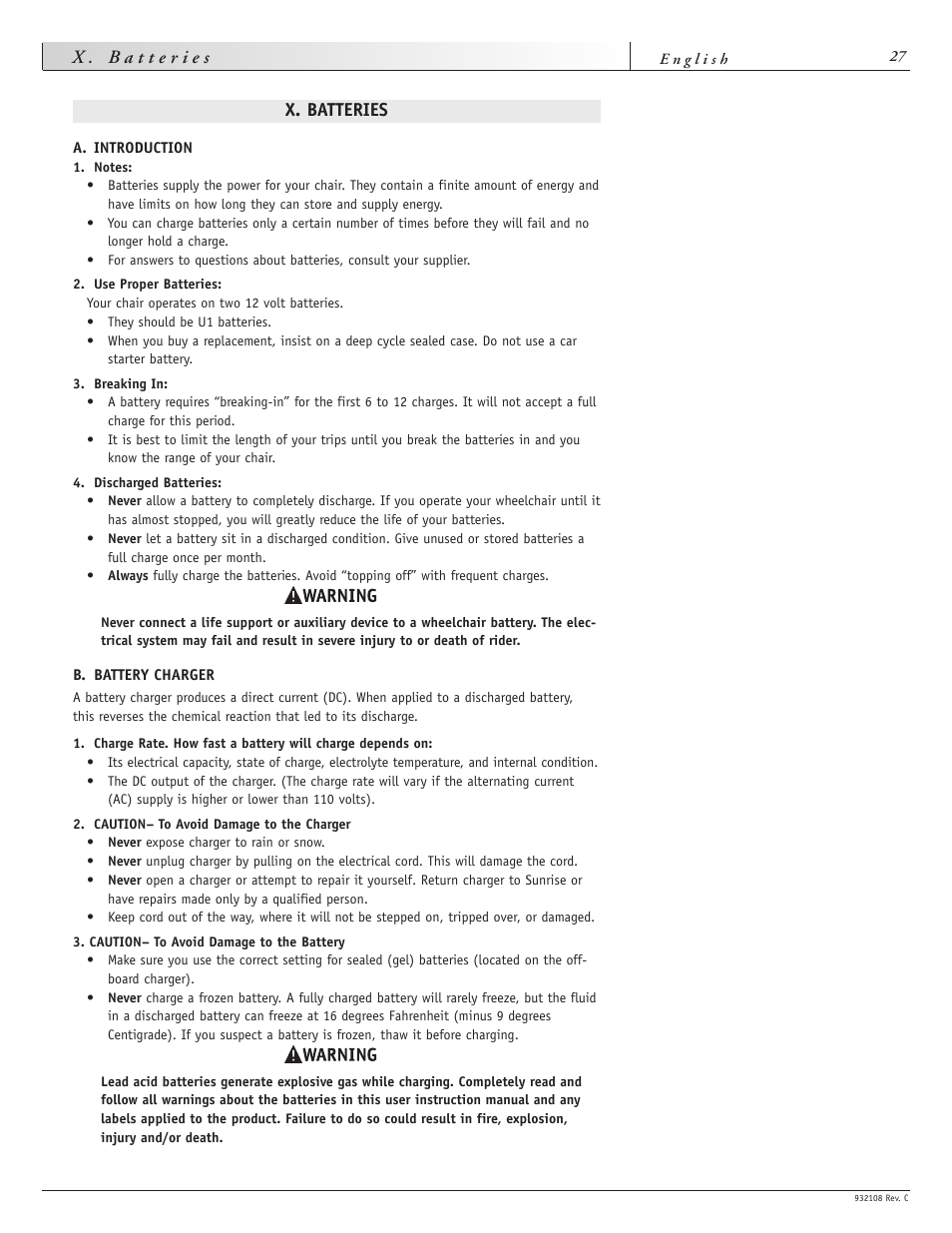 X. batteries | Sunrise Medical QUICKIE S-11 User Manual | Page 27 / 34