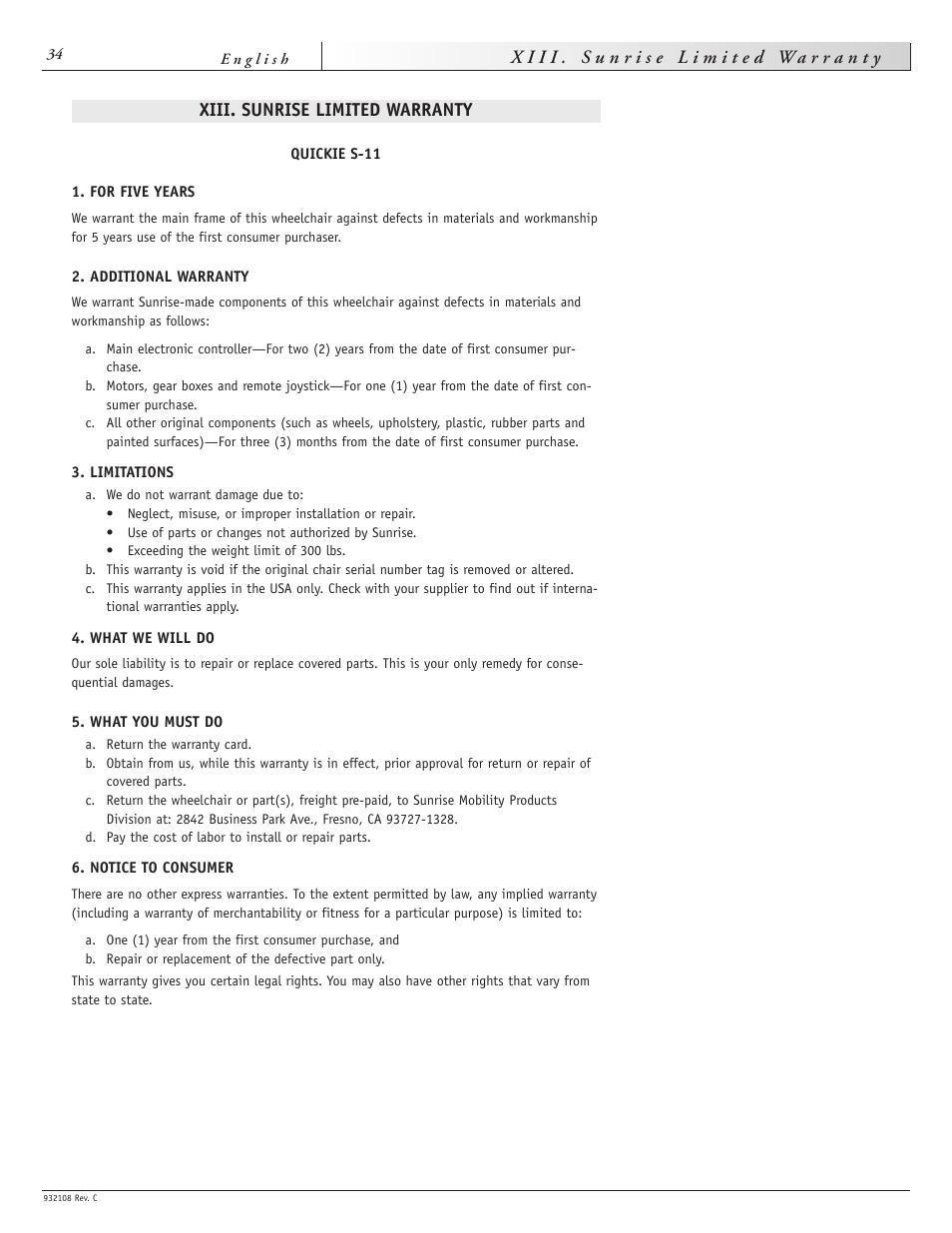 Sunrise Medical QUICKIE S-11 User Manual | Page 34 / 34