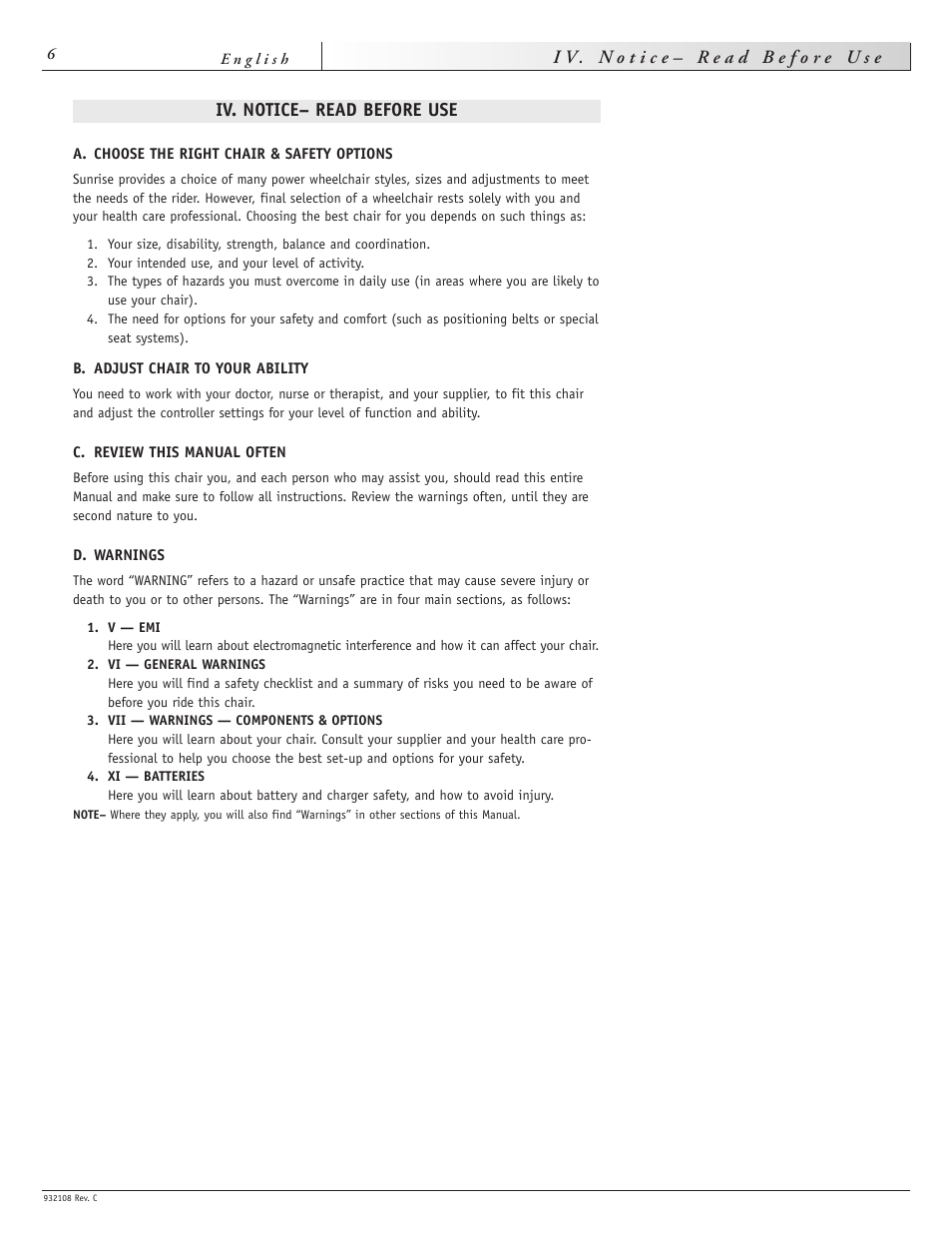 Iv. notice– read before use | Sunrise Medical QUICKIE S-11 User Manual | Page 6 / 34