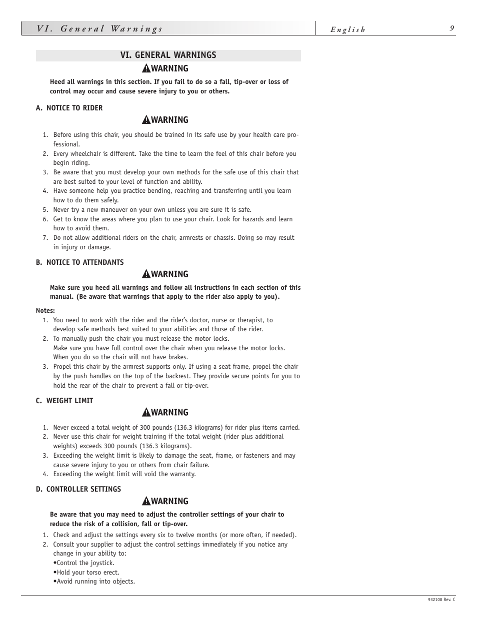Vi. general warnings | Sunrise Medical QUICKIE S-11 User Manual | Page 9 / 34