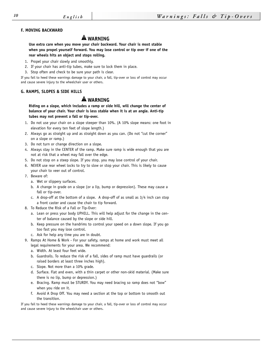 Warning | Sunrise Medical 2000 Series User Manual | Page 10 / 88