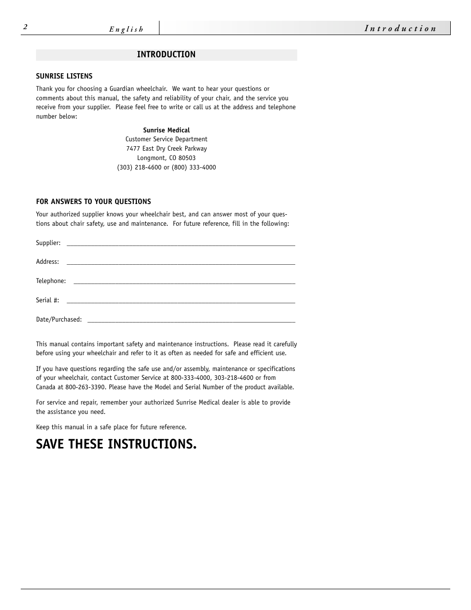 Save these instructions | Sunrise Medical 2000 Series User Manual | Page 2 / 88